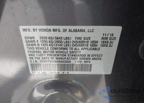 2019 Honda Pilot Ex-L z USA, uszkodzony, nr VIN 5FNYF6H56KB043055